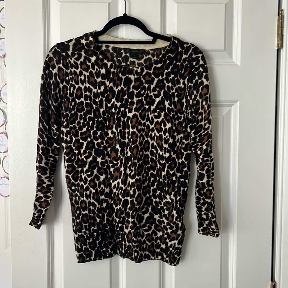 J. Crew S Cheetah Print Crew Neck Sweater with 3/4 length sleeves